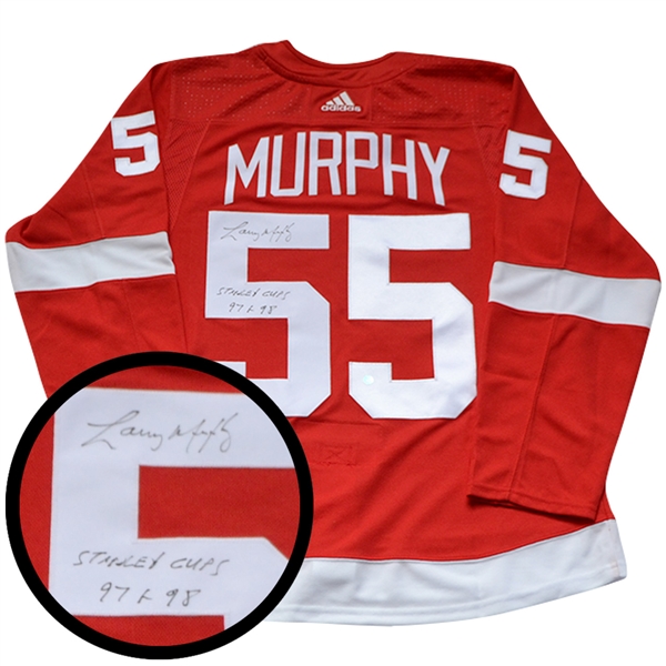 Larry Murphy, Signed Jersey Red Wings Red Pro 2017-2019 Adidas Insc "97-98 Cup"