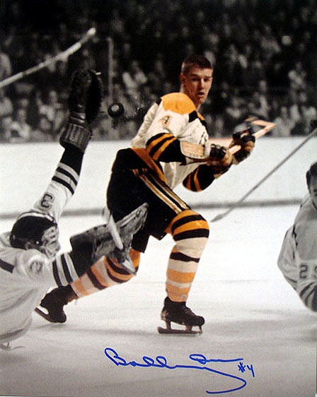 Bobby Orr, Signed 8x10 Unframed Bruins White Rookie Puck In Air