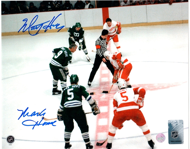 Mark / Marty Howe, Signed 8x10 Unframed Whalers Green Face-off vs Red Wings
