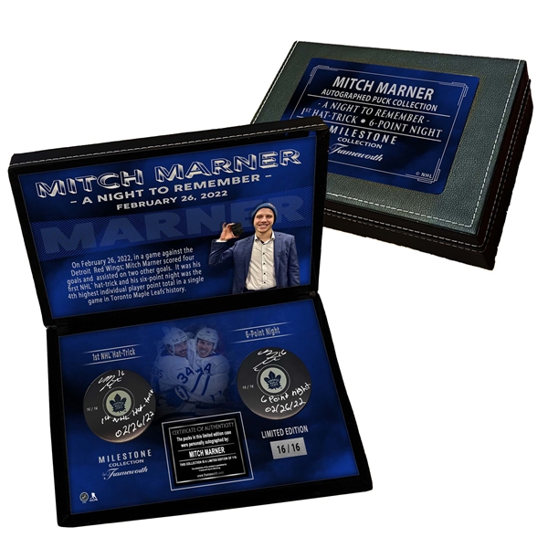 Mitch Marner Signed Toronto Maple Leafs Milestone 6 Point Night and 1st NHL Hat Trick Pucks in Deluxe Case Limited Edition /16