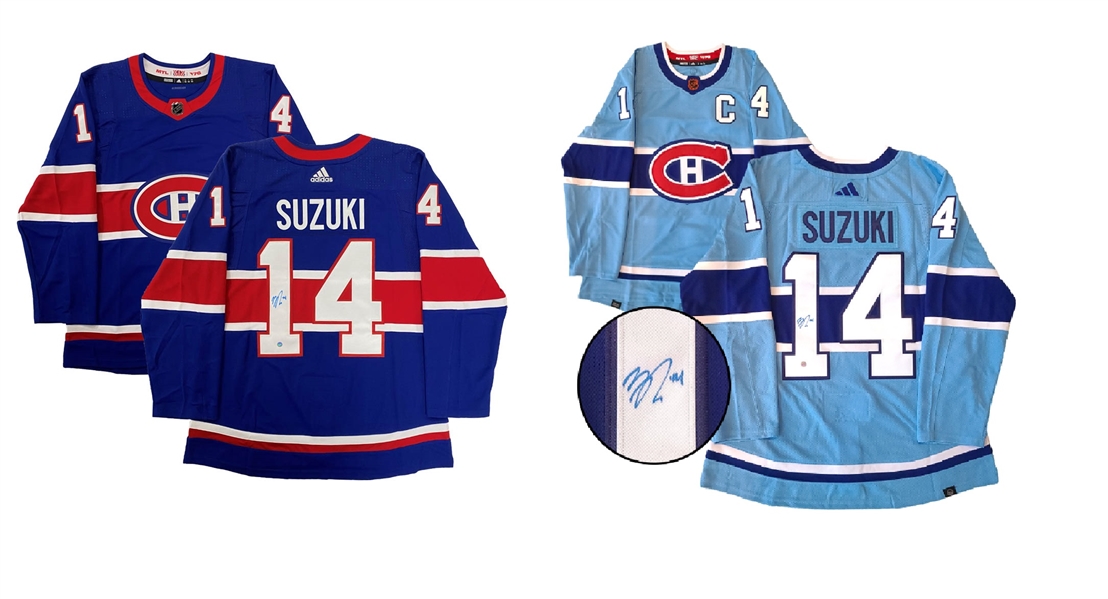 Nick Suzuki Signed 2021 and 2022 Montreal Canadiens Reverse Retro Adidas Bundle 
