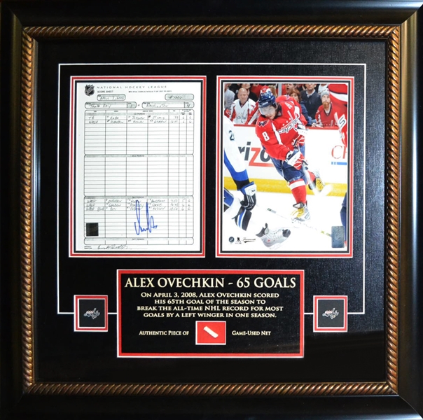 Alexander Ovechkin - Signed & Framed 8x10 Scoresheet Capitals With Piece of Net form 65th Goal