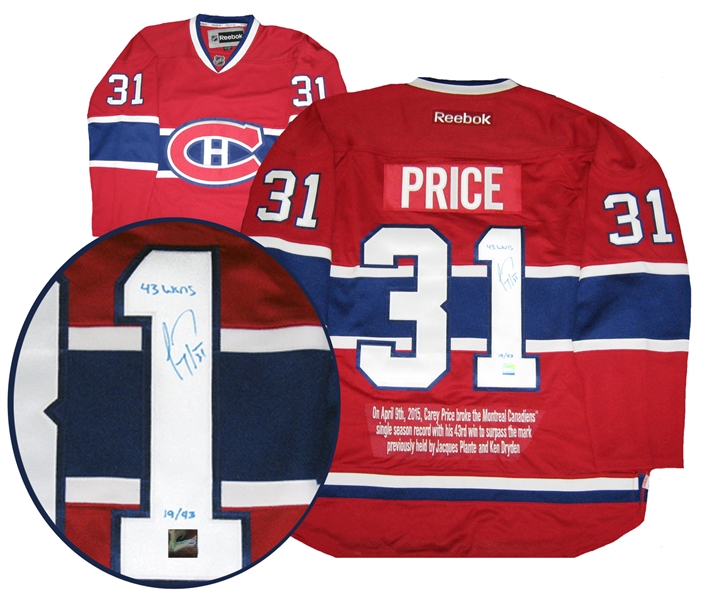 LIMITED EDITION - Carey Price - Signed & Embroidered Red Montreal Canadiens Most Wins Record Jersey -  Limited Edition #43/ 43