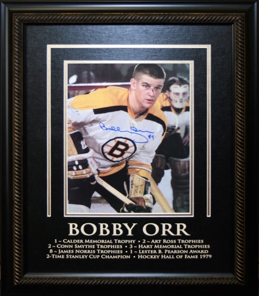 Bobby Orr - Signed & Framed 8x10" Etched Mat Closeup - Accomplishments 