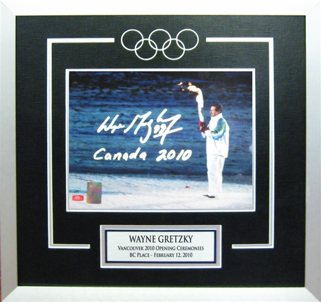 Wayne Gretzky - Signed & Framed 8x10" 2010 Olympics Torch Inscribed "Canada 2010"