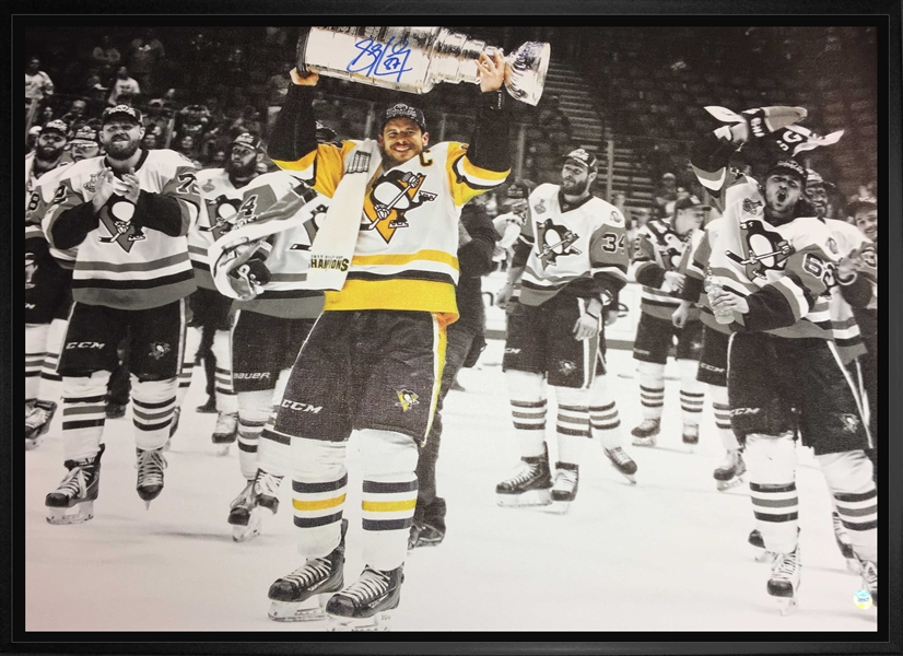 Sidney Crosby - Signed & Framed 20x29" Pittsburgh Penguins 2017 Raising Cup with Team Canvas