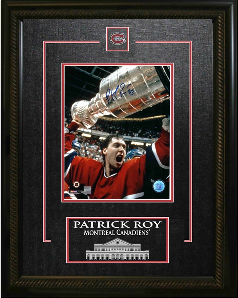 Patrick Roy Signed 8x10" Framed Photo with Etched Mat Montreal Canadiens Raising Cup