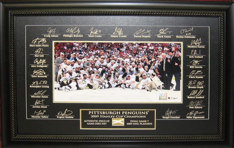 Pittsburgh Penguins Cup Team Etched Signatures with Game Used Net