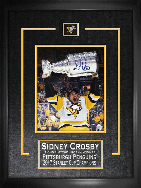 Sidney Crosby Framed Signed 8x10" Photo Etched Mat Penguins 2017 Raising Cup Close-up