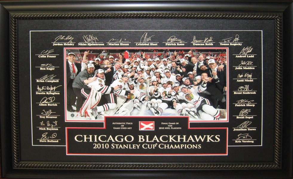 Chicago Blackhawks 2010 Stanley Cup Team Etched Signatures with Game Used Net