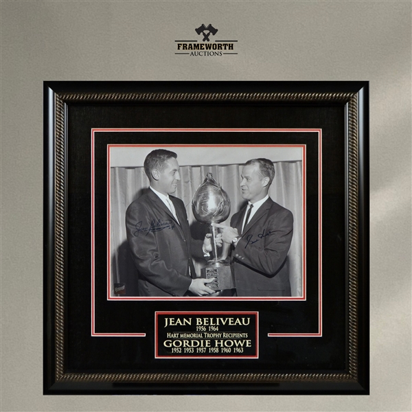 Jean Beliveau & Gordie Howe Dual Signed Hart Trophy Frame