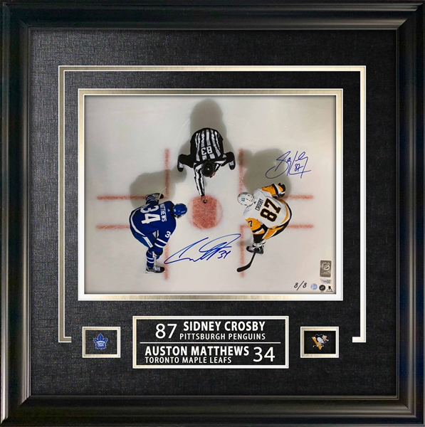 Sidney Crosby and Auston Matthews Dual-Signed Framed 16x20 Overhead Face-Off Photo LE/8