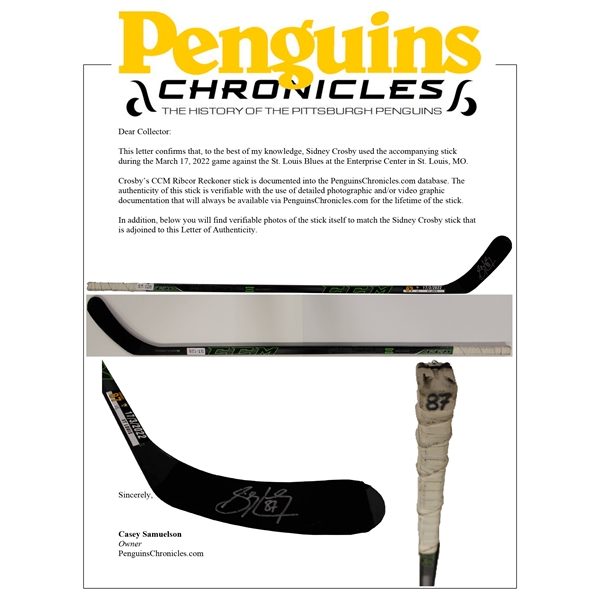 March 17, 2022 Sidney Crosby Pittsburgh Penguins CCM Ribcor Reckoner Game Used Stick(128)