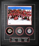 Sidney Crosby, John Tavares, and Carey Price Triple-Signed Framed Team Canada Pucks with Team Photo