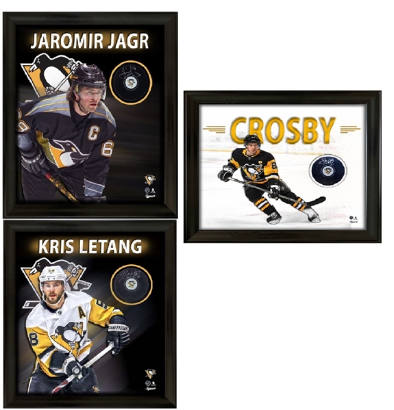 Sidney Crosby, Kris Letang, and Jaromir Jagr Signed Framed Photo Glass Puck Bundle 