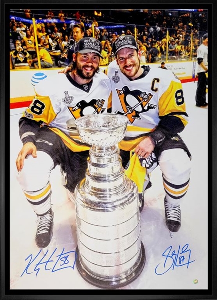 Sidney Crosby & Kris Letang Pittsburgh Penguins Dual-Signed Framed 20x29 Posed with the Stanley Cup Canvas