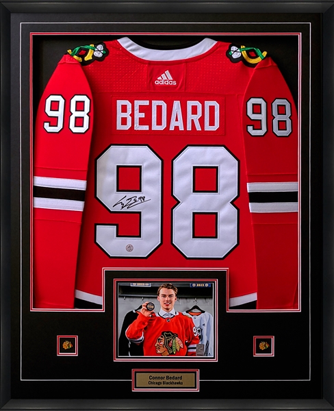 Connor Bedard Signed Framed Chicago Blackhawks Home Adidas Auth. Jersey