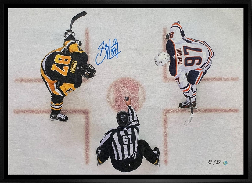 Sidney Crosby Signed 20x29 Canvas Framed Penguins Overhead vs McDavid-H (Limited Edition of 87)
