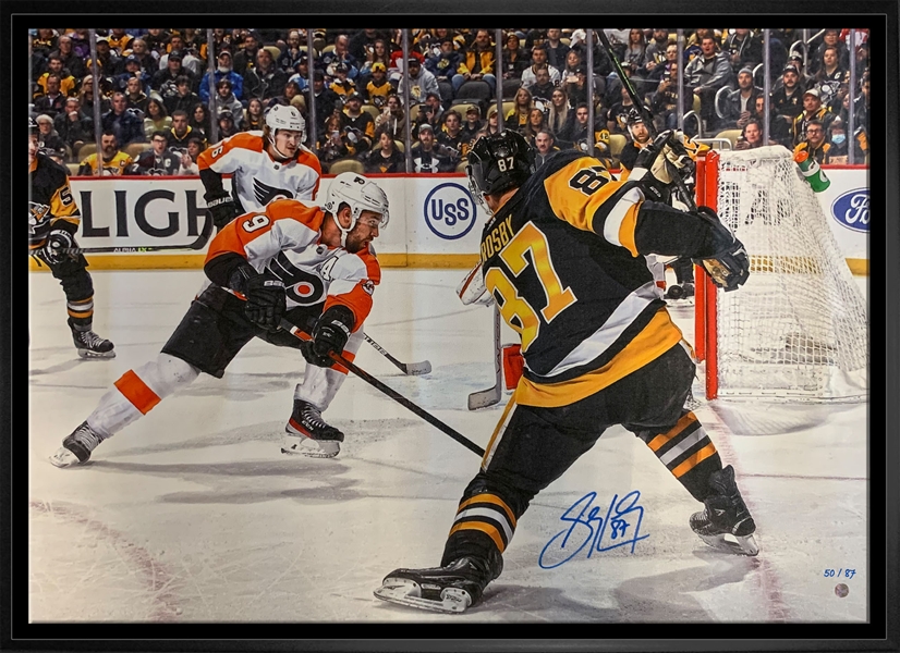 Sidney Crosby Signed Framed Pittsburgh Penguins 20x29 Shooting his 500th Goal Canvas (Limited Edition of 87)