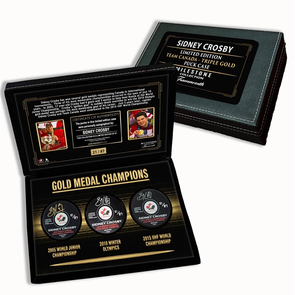 Sidney Crosby Signed Pucks in Deluxe Case Canada 3x Gold Medal (Limited Edition of 87)