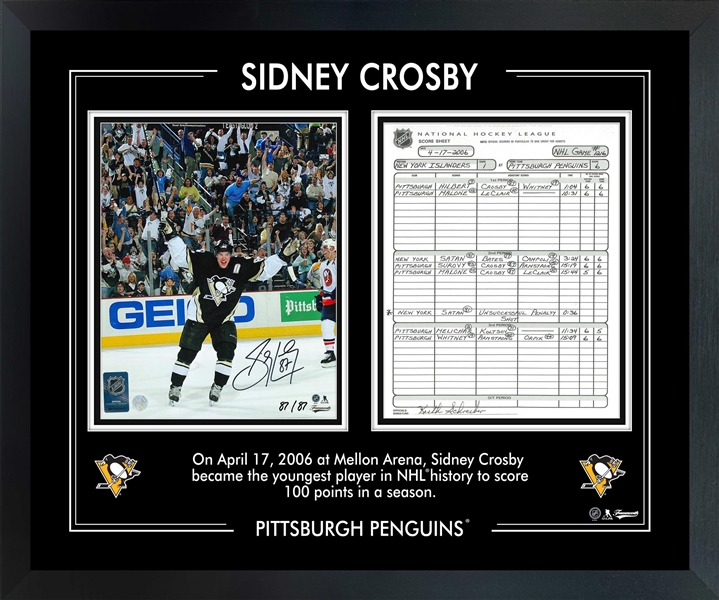 Sidney Crosby Signed 8x10 Framed PhotoGlass 100 Points Scoresheet Penguins (Limited Edition of 87)