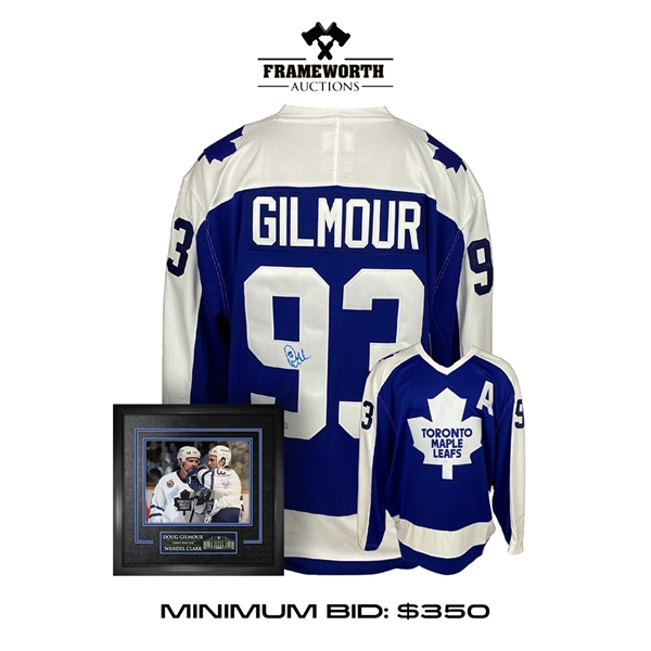 Doug Gilmour and Wendel Clark Dual Signed Framed 16x20 + Doug Gilmour Signed Toronto Maple Leafs Blue Fanatics Vintage Jersey
