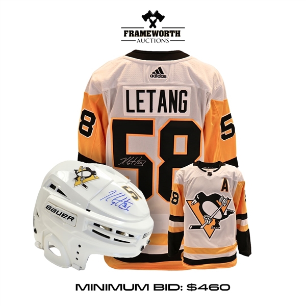Kris Letang Signed Jersey Penguins White Adidas + Signed Helmet Pittsburgh Penguins White Bauer Insc "09, 16, 17 Cup"