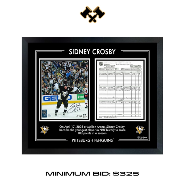 Sidney Crosby Signed 8x10 Framed PhotoGlass 100 Points Scoresheet Penguins (Limited Edition of 87)