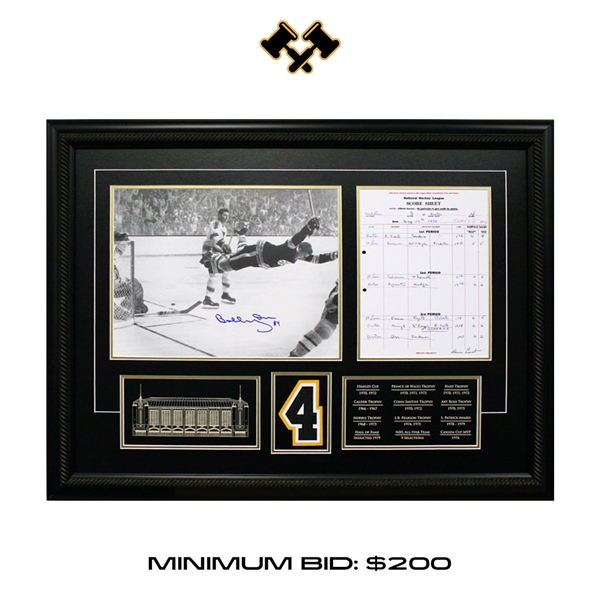 Bobby Orr Signed 11x14  Bruins Stanley Cup Tribute "The Goal" Framed with Scoresheet