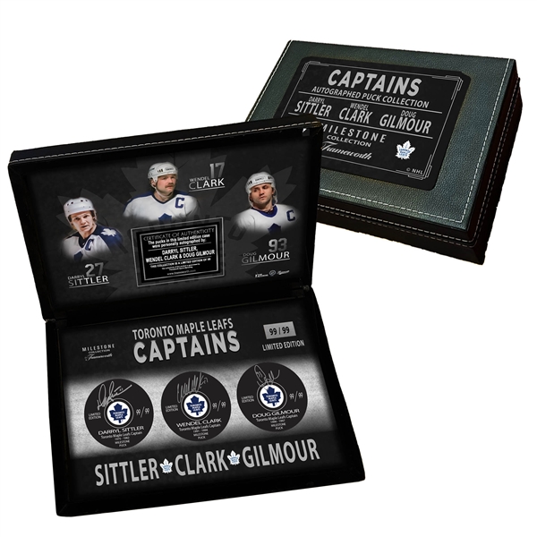 Darryl Sittler, Wendel Clark, Doug Gilmour Toronto Maple Leafs Captains Signed Pucks in Deluxe Case LE/99