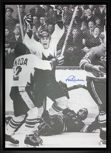 Paul Henderson Team Canada Signed Framed 20x29 Black and White 72 Summit Series Goal Celebration Canvas