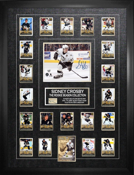 Sidney Crosby Pittsburgh Penguins Signed Framed 8x10 Action Photo with Rookie Season Trading Hockey Card Set And Piece of Net