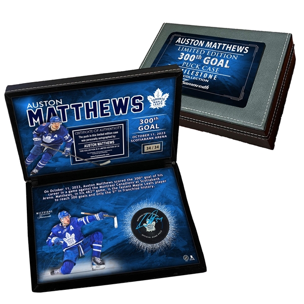 Auston Matthews Signed Puck in Deluxe Case Maple Leafs 300th Goal LE of 34