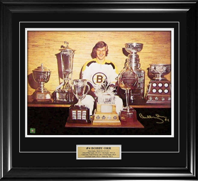 Bobby Orr Signed and Framed 18" x 24" Boston Bruins Trophies Photo