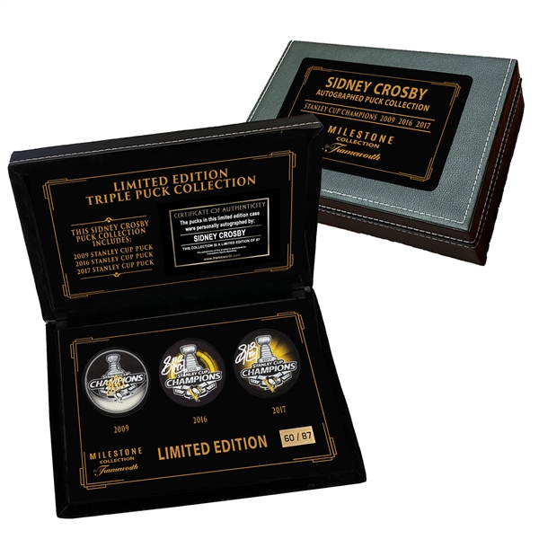 Sidney Crosby Signed 3x Stanley Cup Champions Point Pucks in Deluxe Case (Limited Edition of 87)