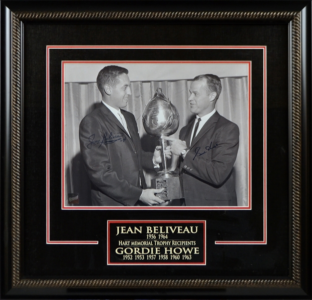 Jean Beliveau & Gordie Howe Dual Signed Framed w/Hart Trophy