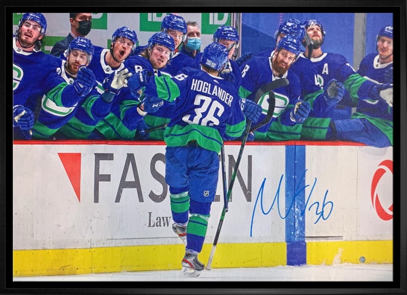 Nils Hoglander Vancouver Canucks Signed Framed 20x29 Goal Bench Celebration Canvas