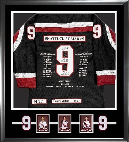 Sidney Crosby, Nathan MacKinnon, and Jonathan Toews Signed Framed Shattuck St Marys Black Milestone Jersey (Limited Edition of 87)