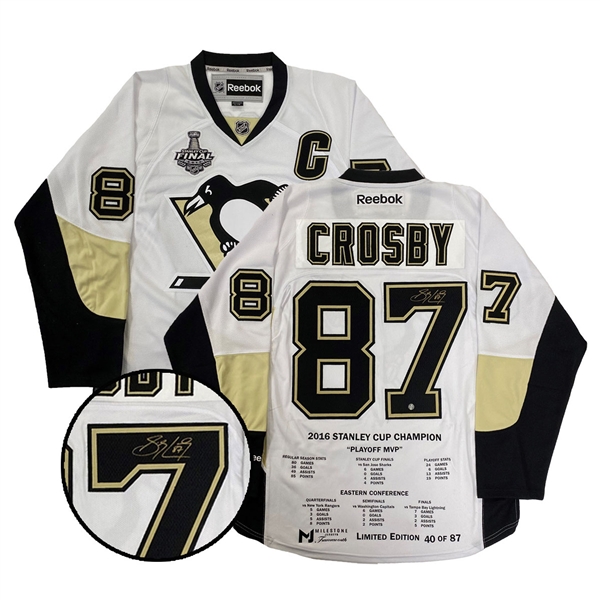 Sidney Crosby Signed Jersey Milestone Penguins White 2016 Stanley Cup Replica Reebok (Limited Edition of 87)