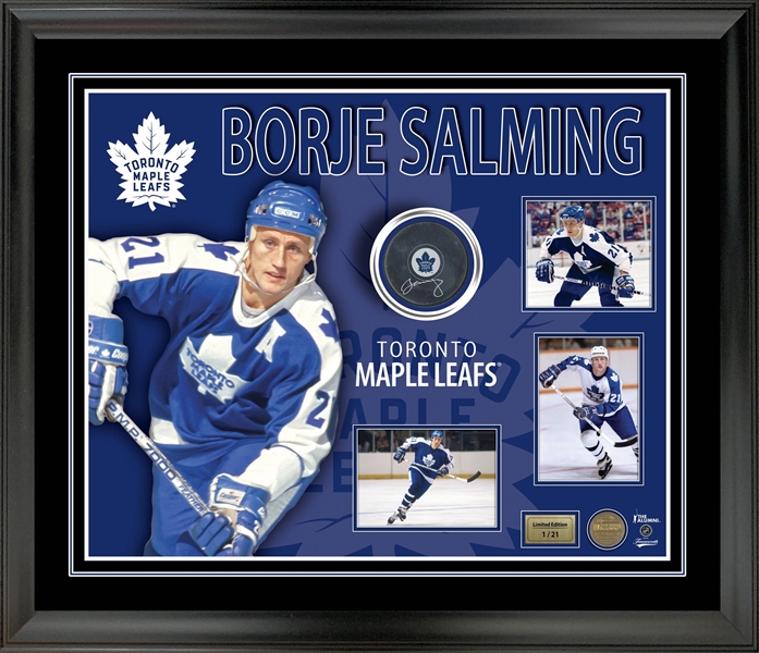 Borje Salming Signed Puck in a PhotoGlass Frame Maple Leafs L/E 21