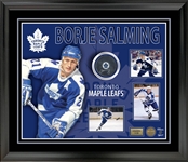 Borje Salming Signed Puck in a PhotoGlass Frame Maple Leafs L/E 21