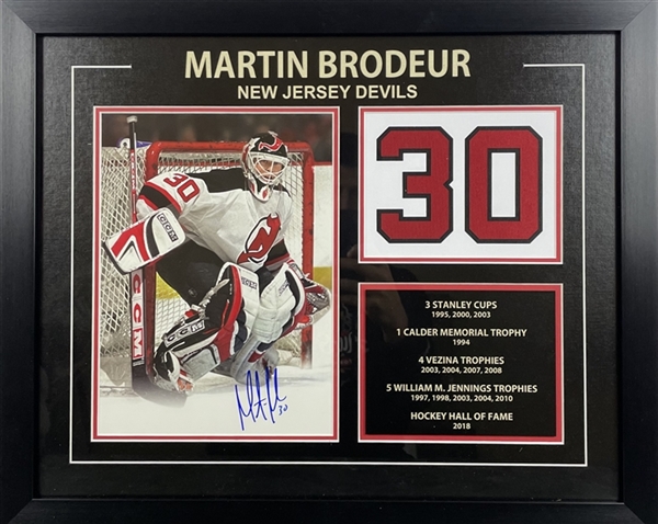 Martin Brodeur Signed Framed Photo w/ Patch + Career Achievments