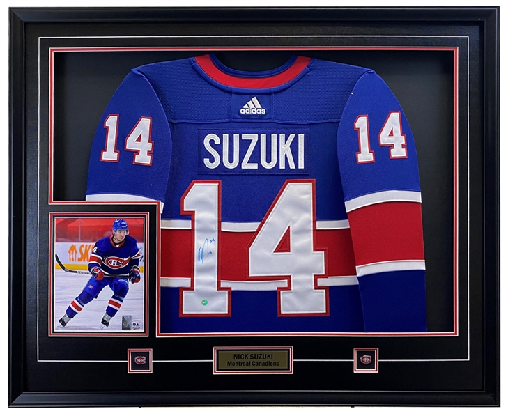 Nick Suzuki Signed Framed Montreal Canadiens Blue Reverse Retro Adidas Authentic Jersey