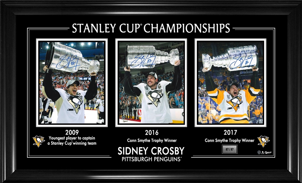 Sidney Crosby Framed Signed Triple 8x10 2009, 2016, and 2017 Stanley Cup (Limited Edition of 87)