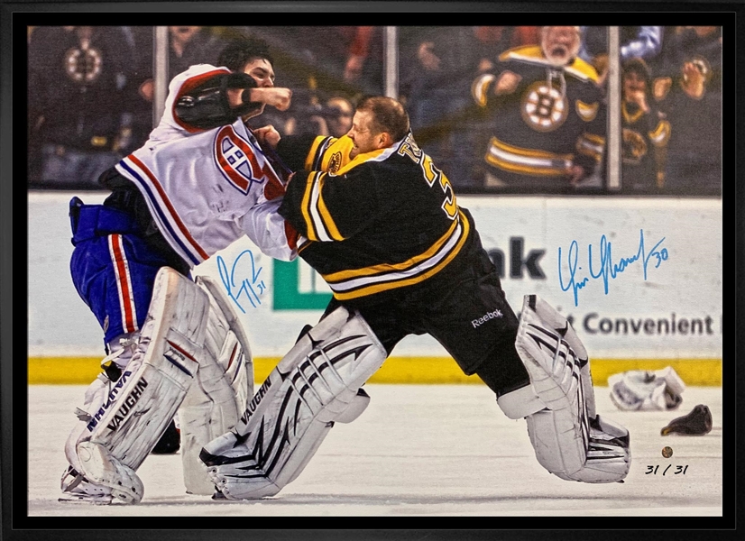 **RARE** Carey Price and Tim Thomas Dual-Signed 20x29 Framed Canvas Fight (Limited Edition of 31)