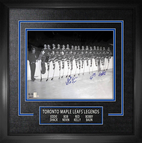 Eddie Shack, Red Kelly, Bob Nevin and Bobby Baun Multi Signed Framed 18x24 Toronto Maple Leafs Legends 