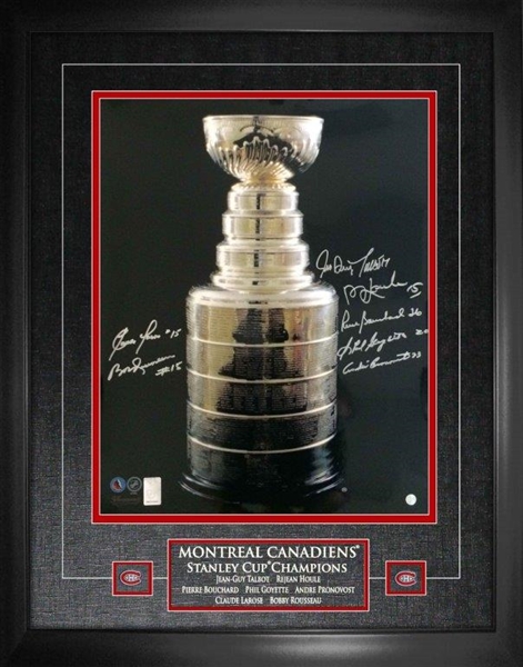 Talbot, Houle, Bouchard, Goyette, Pronovost, Larose, and Rousseau Multi Signed Framed 16x20 Montreal Canadiens Stanley Cup