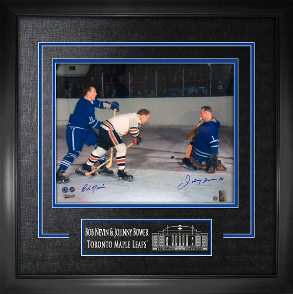 Bob Nevin And Johnny Bower Dual Signed Framed 16x20 Toronto Maple Leafs vs Chicago Blackhawks 