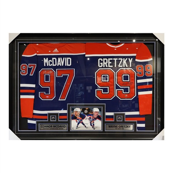 Wayne Gretzky + Connor Mcdavid Dual Framed Jersey Signed CCM Vintage and Adidas Authentic Home