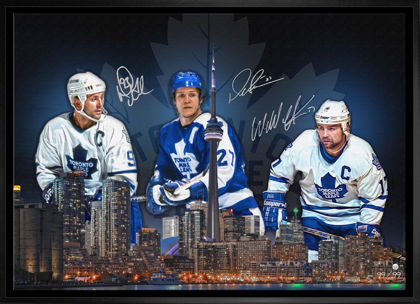 Doug Gilmour / Wendel Clark / Darryl Sittler Multi-Signed 20x29 Framed Skyline Canvas Maple Leafs (Limited Edition of 99)